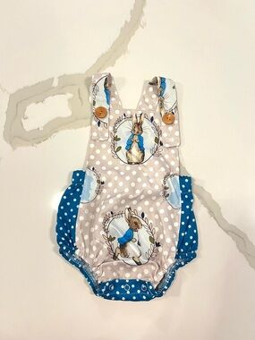 Peter Rabbit Inspired Baby Bubble Romper Size 3-6M Blue Polka Dot Outfit